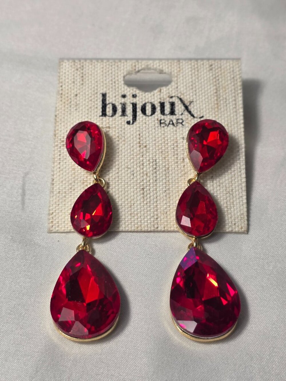 Bijoux Bar Red Crystal Dangle Three-Tiered Red Teardrop Crystals Gold Setting